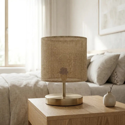 LinenGlow | Elegant Natural Fabric Table Lamp with Brass Base & Cylindrical Shade