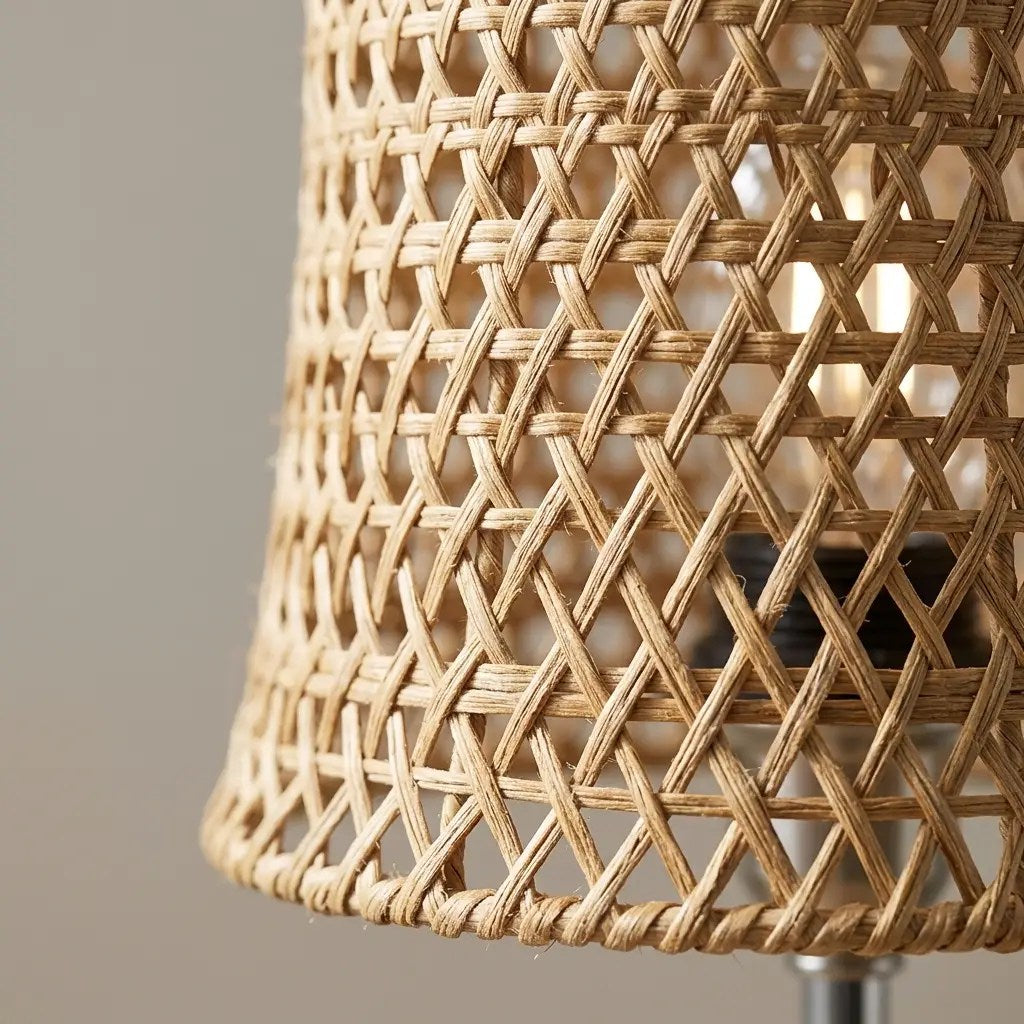 WeaveLux | Elegant Natural Woven Fiber Table Lamp with Wood-Effect Base