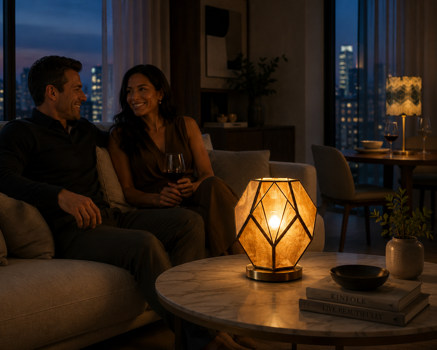 Elegant couple relaxing together in a modern living room at dusk, with a glowing geometric table lamp on a marble coffee table and a city skyline in the background.