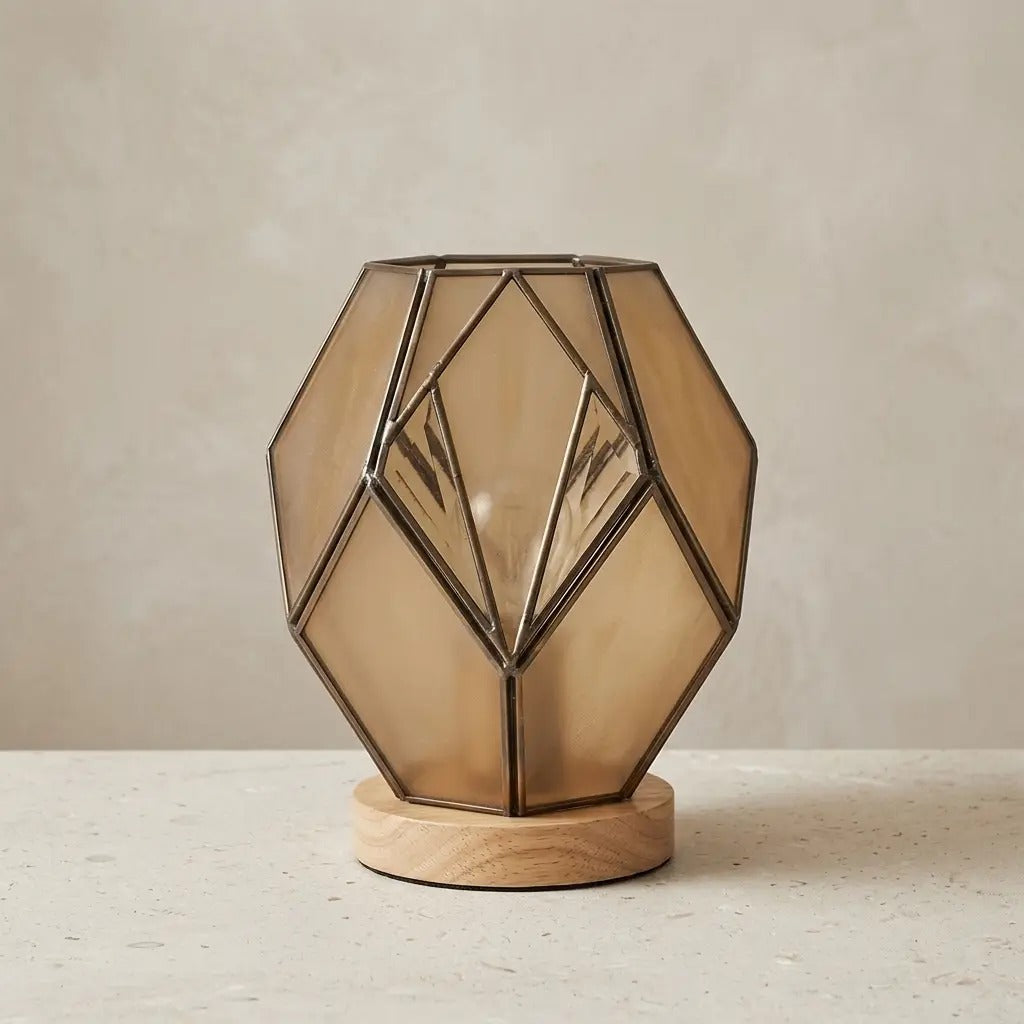 AmberForm | Elegant Amber Geometric Glass Table Lamp with Wood-Effect Base