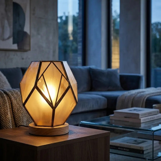 AmberForm | Elegant Amber Geometric Glass Table Lamp with Wood-Effect Base