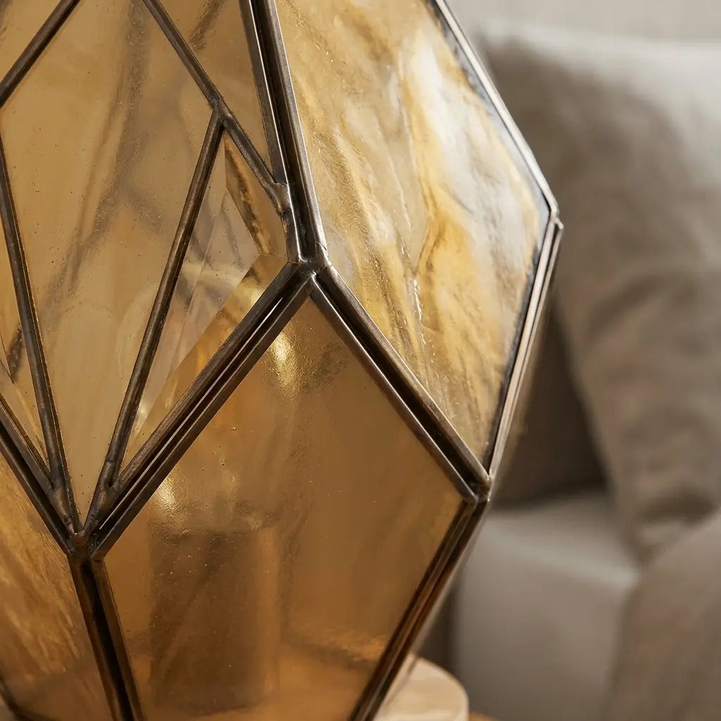 AmberForm | Elegant Amber Geometric Glass Table Lamp with Wood-Effect Base