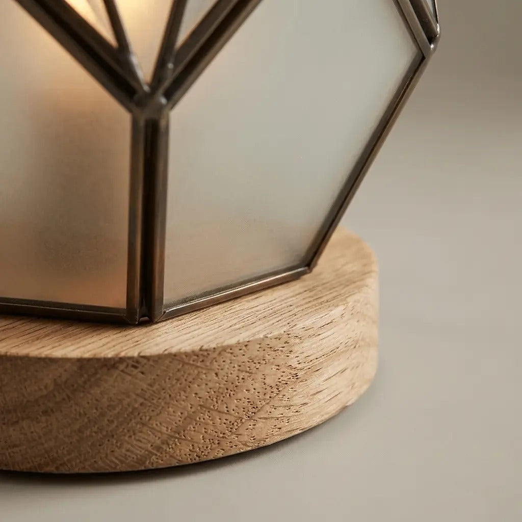 AmberForm | Elegant Amber Geometric Glass Table Lamp with Wood-Effect Base