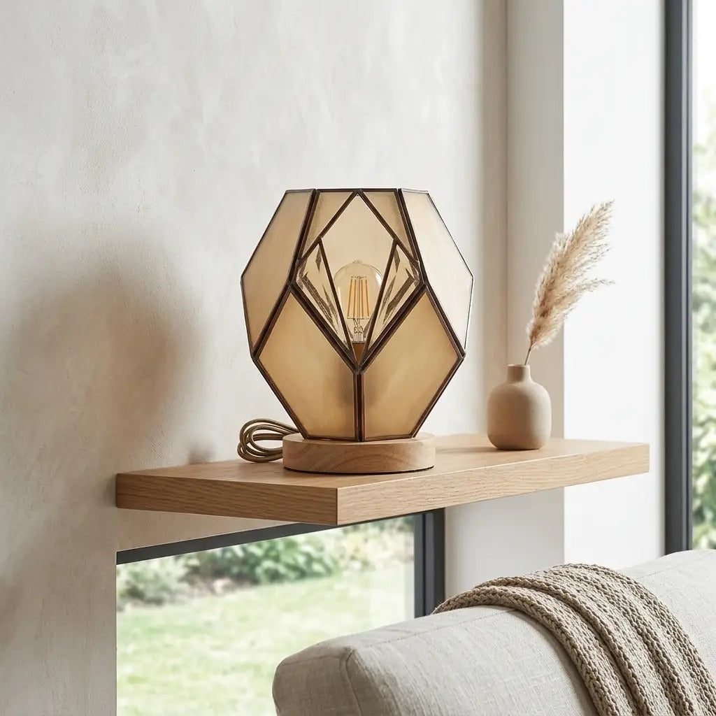 AmberForm | Elegant Amber Geometric Glass Table Lamp with Wood-Effect Base