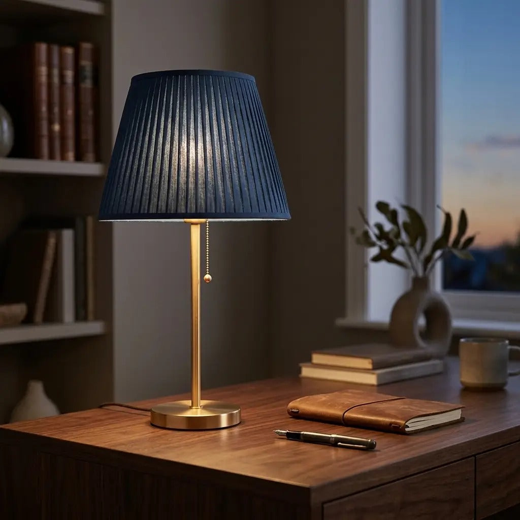 AzurLight | Elegant Blue Pleated Shade Table Lamp with Brass Base
