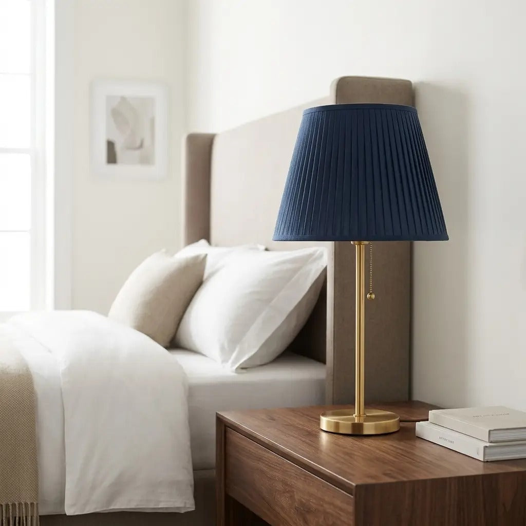 AzurLight | Elegant Blue Pleated Shade Table Lamp with Brass Base