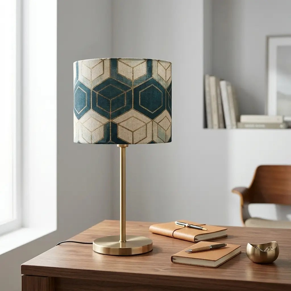 GeoLumi | Elegant Geometric Pattern Table Lamp with Brass Metal Base
