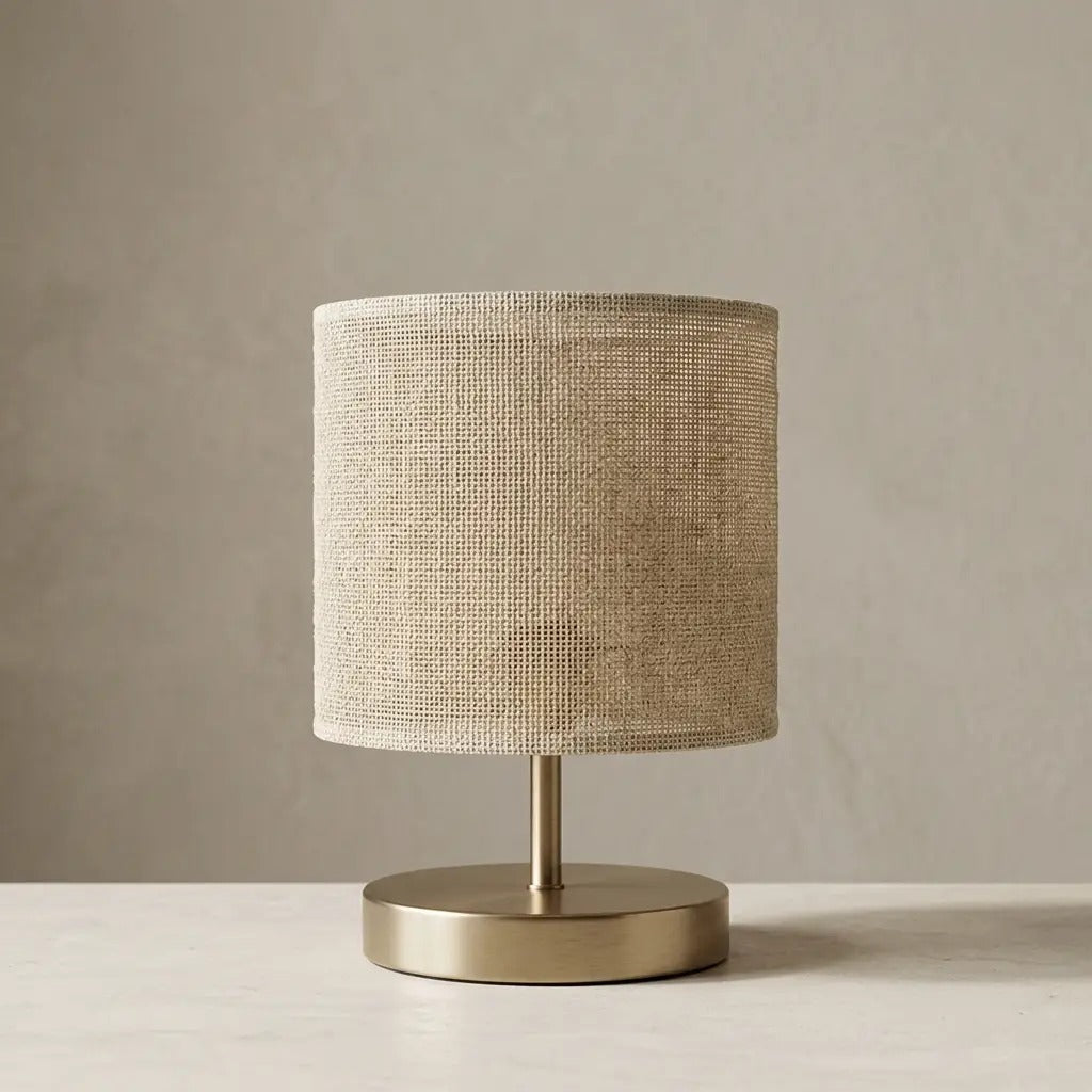 LinenGlow | Elegant Natural Fabric Table Lamp with Brass Base & Cylindrical Shade