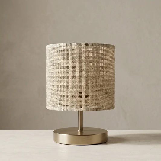 LinenGlow | Elegant Natural Fabric Table Lamp with Brass Base & Cylindrical Shade
