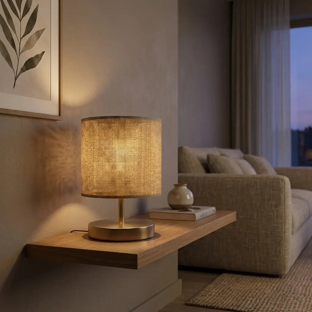 LinenGlow | Elegant Natural Fabric Table Lamp with Brass Base & Cylindrical Shade