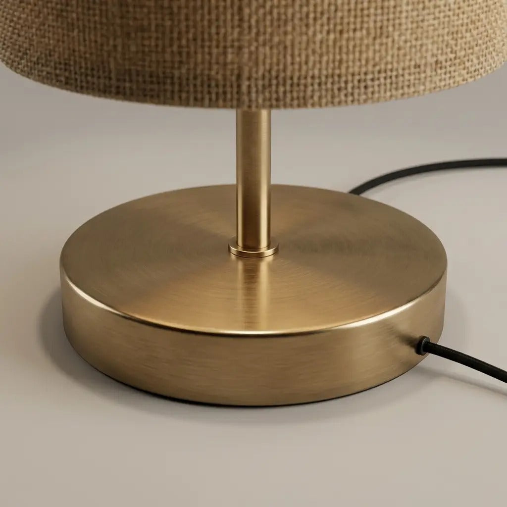 LinenGlow | Elegant Natural Fabric Table Lamp with Brass Base & Cylindrical Shade