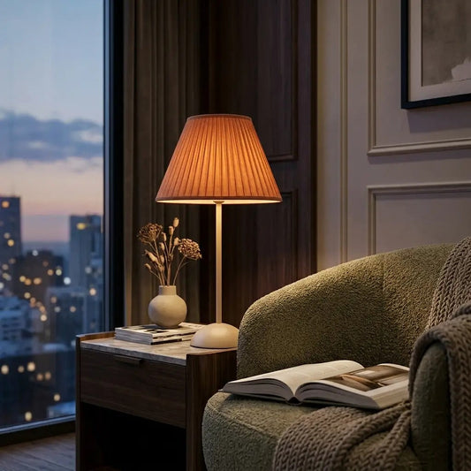 OcraLux | Elegant Terracotta Table Lamp with Pleated Fabric Shade & Slim Metal Base