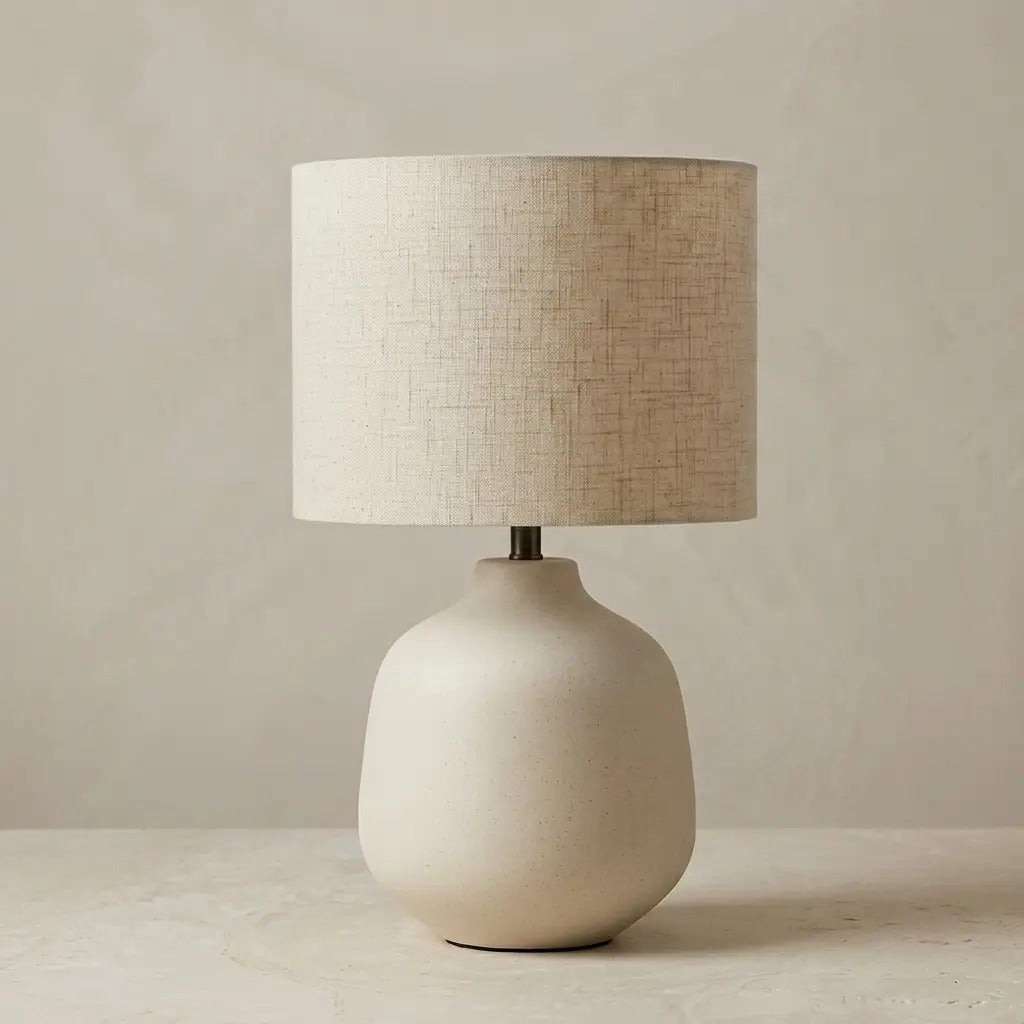 TerraCero | Ivory Ceramic Table Lamp with Linen Cylinder Shade