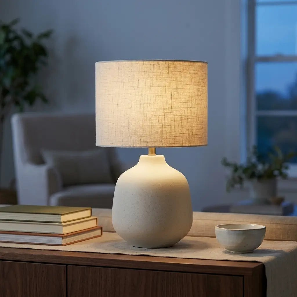TerraCero | Ivory Ceramic Table Lamp with Linen Cylinder Shade
