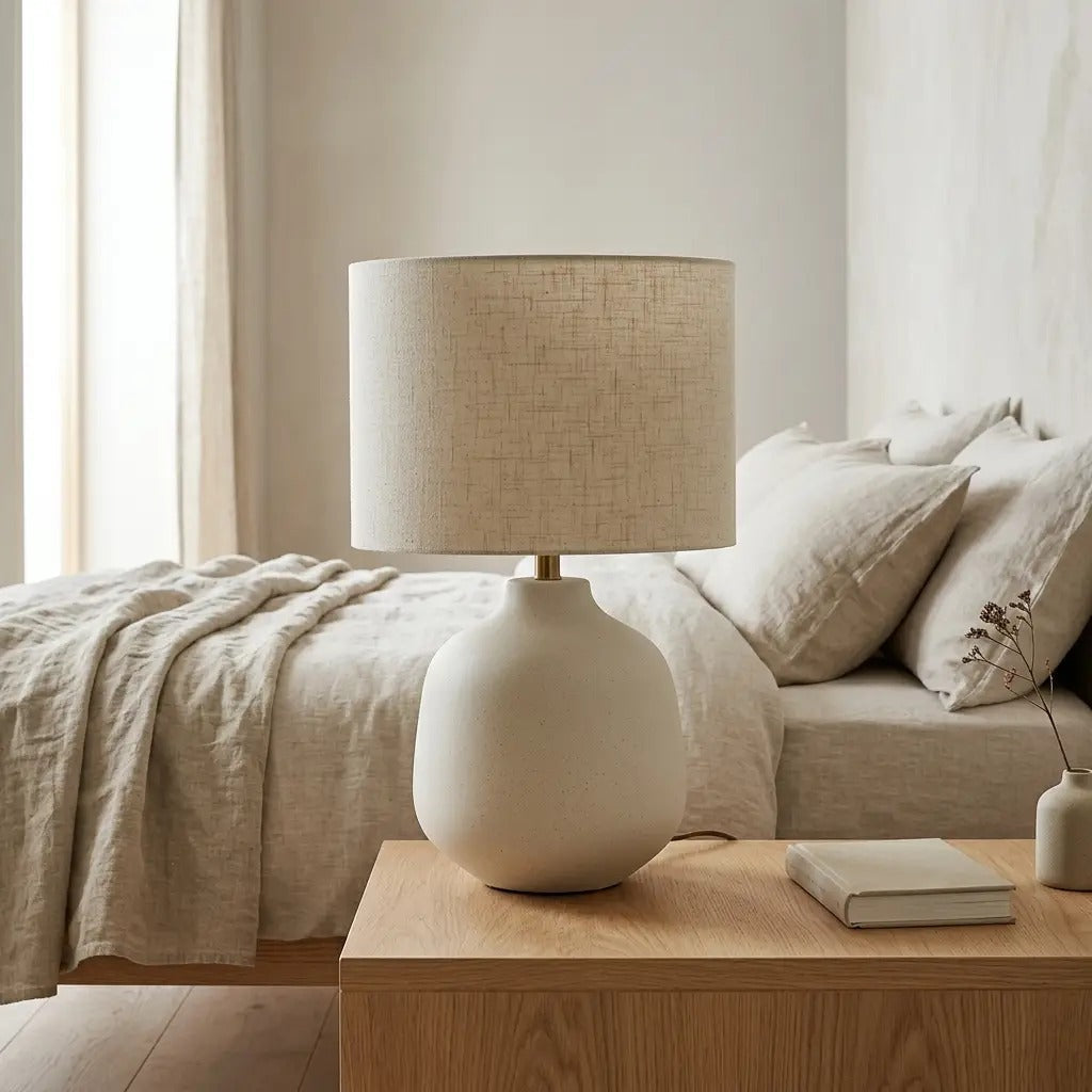 TerraCero | Ivory Ceramic Table Lamp with Linen Cylinder Shade