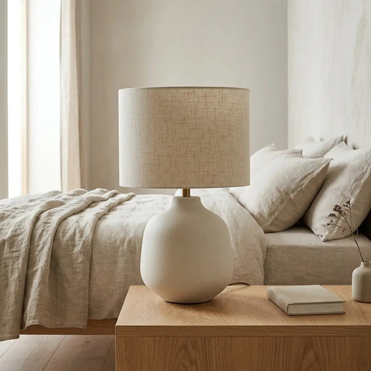 TerraCero | Ivory Ceramic Table Lamp with Linen Cylinder Shade