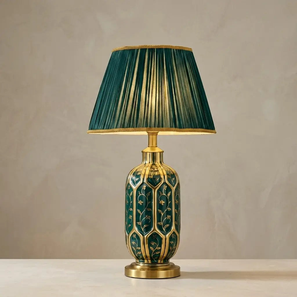 VerdeGold | Elegant Green Ceramic Table Lamp with Refined Gold Details