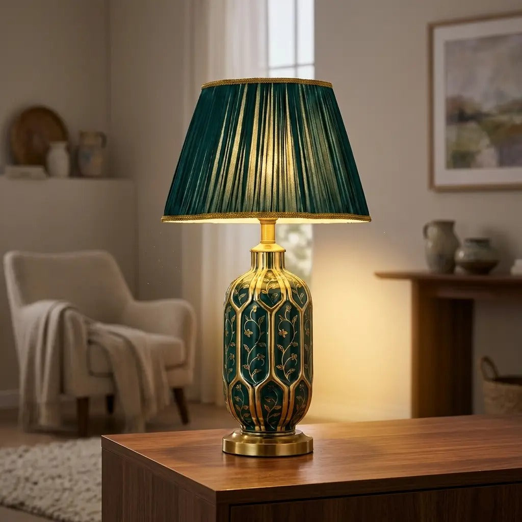 VerdeGold | Elegant Green Ceramic Table Lamp with Refined Gold Details