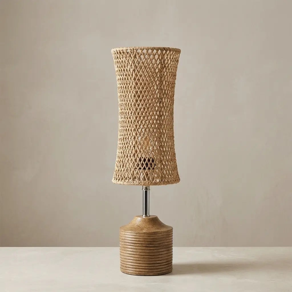 WeaveLux | Elegant Natural Woven Fiber Table Lamp with Wood-Effect Base