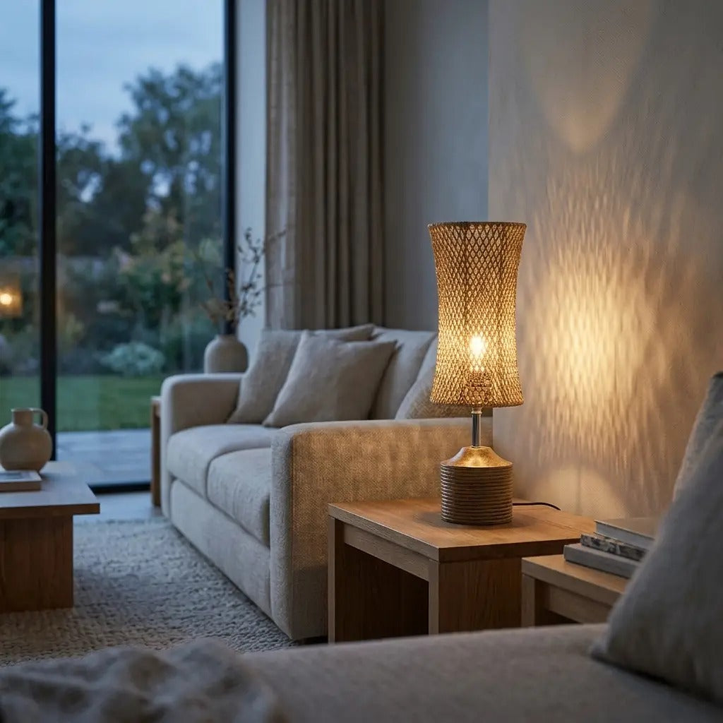 WeaveLux | Elegant Natural Woven Fiber Table Lamp with Wood-Effect Base