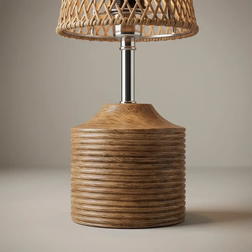WeaveLux | Elegant Natural Woven Fiber Table Lamp with Wood-Effect Base