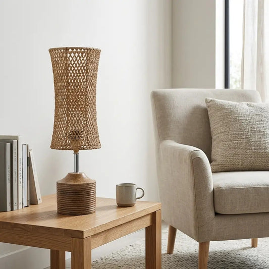 WeaveLux | Elegant Natural Woven Fiber Table Lamp with Wood-Effect Base